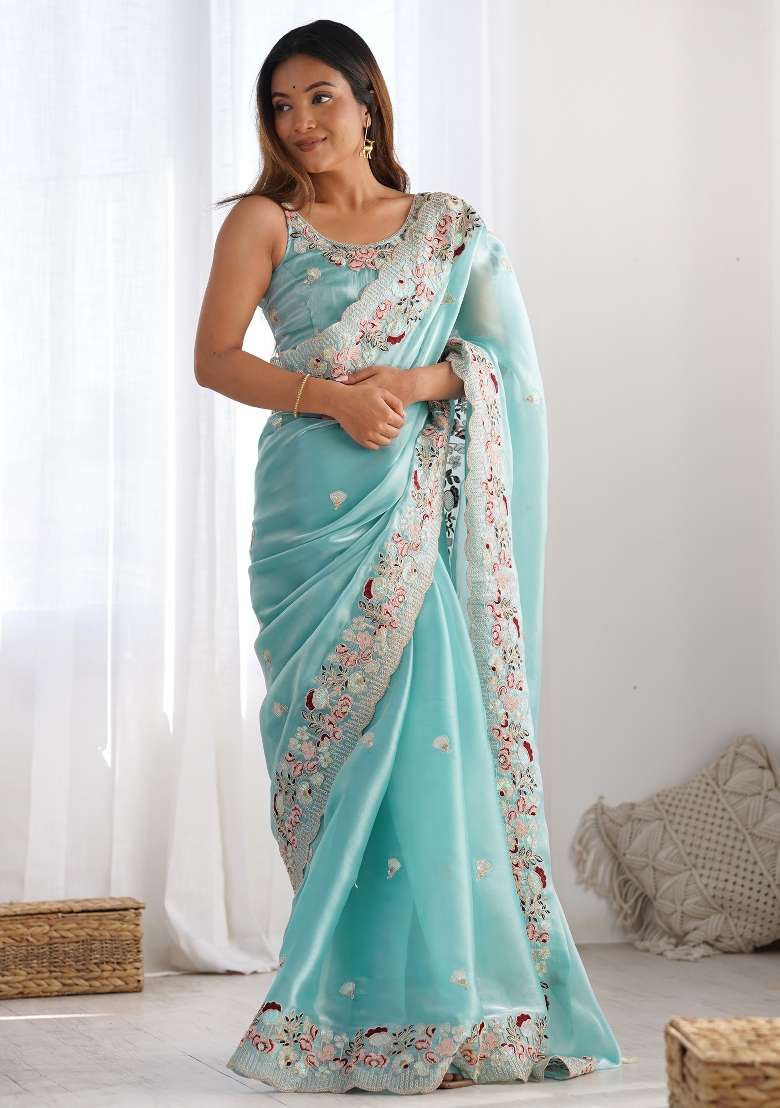 Light Blue Organza Saree Set with Printed for Diwali | Wedding & Festive Wear - Indya