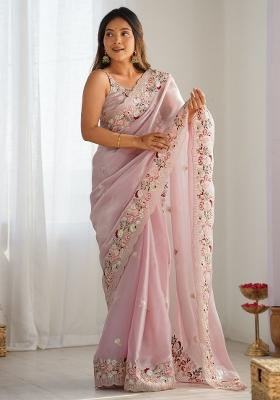 Pink Printed Organza Saree Set