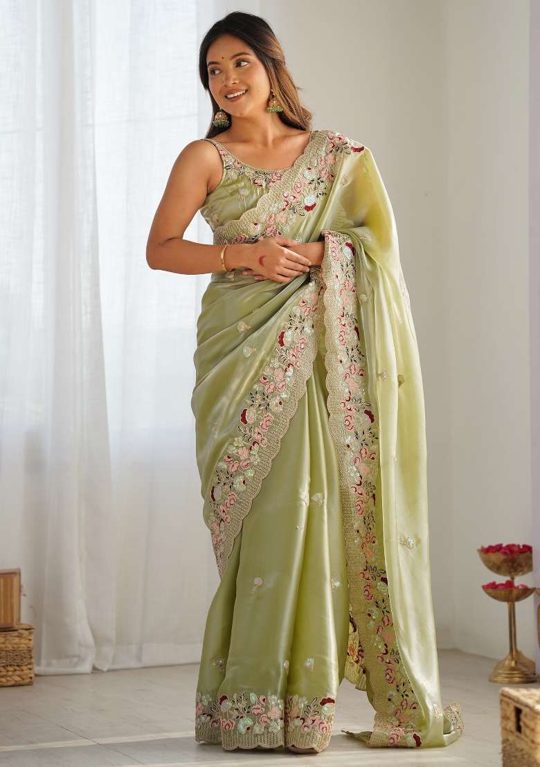 Light Green Organza Saree Set with Printed for Diwali | Wedding & Festive Wear - Indya