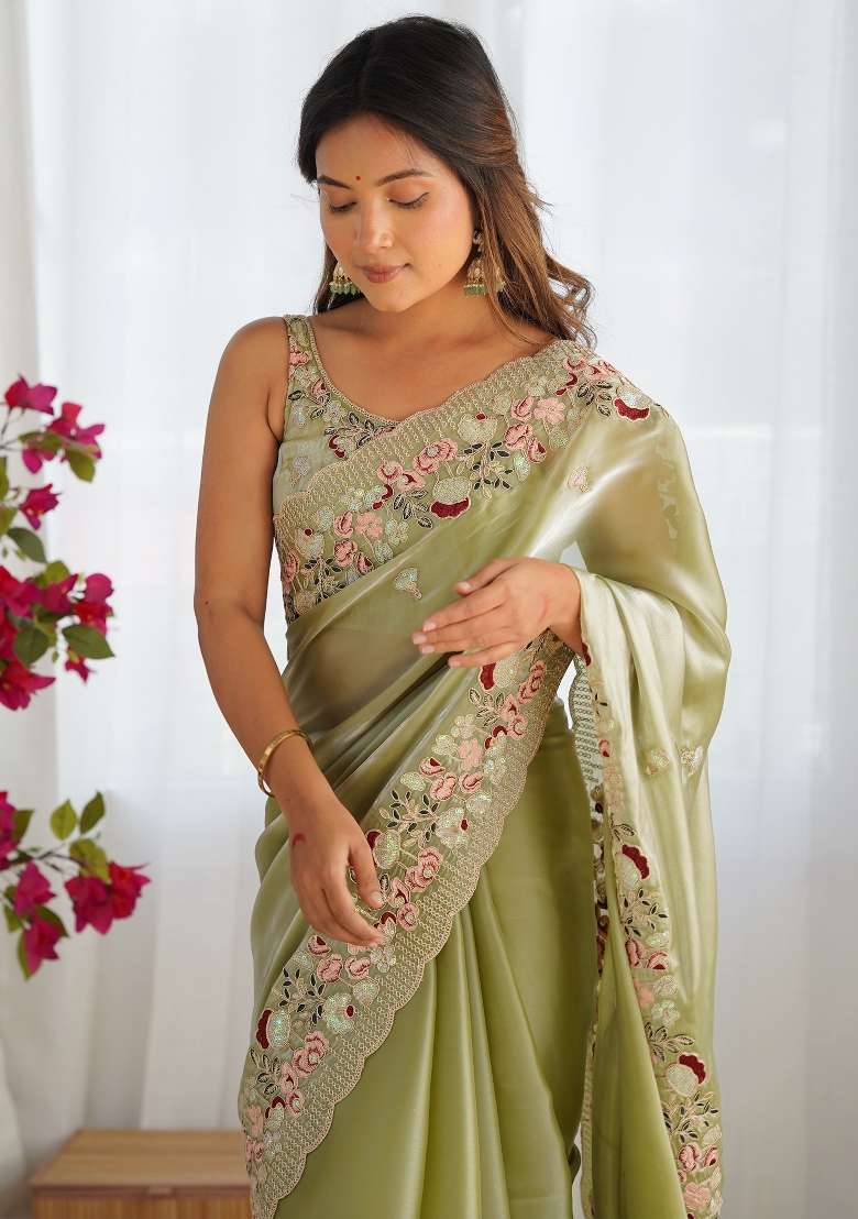 Light Green Organza Saree Set with Printed for Diwali | Wedding & Festive Wear - Indya