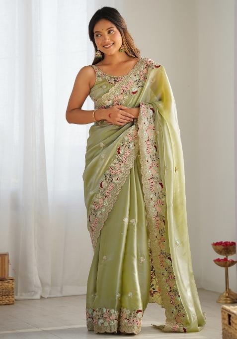 Light Green Printed Organza Saree Set — view on Indya