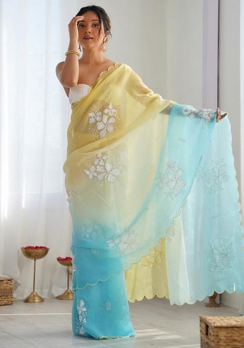 Yellow Printed Chiffon Saree Set — view on Indya