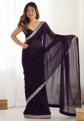 Purple Printed Satin Silk Saree Set