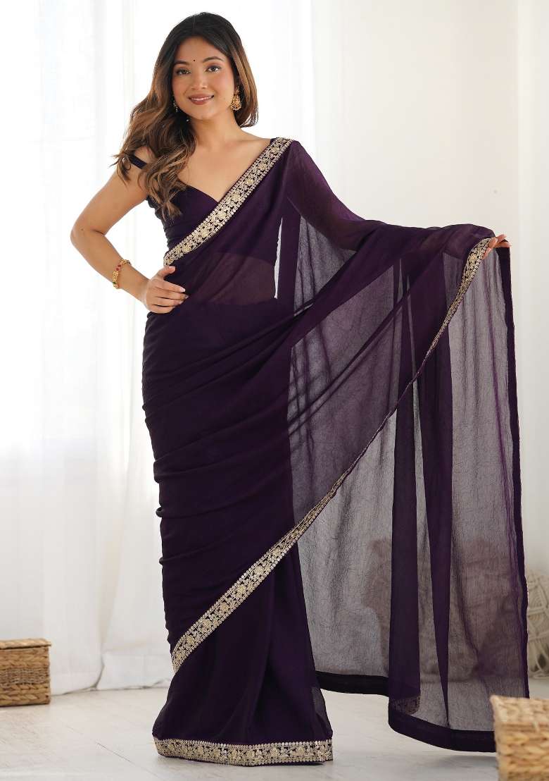 Purple Printed Satin Silk Blend Saree Set for Diwali and Festive Wear - Indya