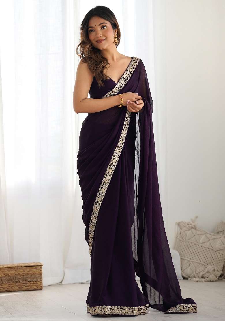 Purple Printed Satin Silk Blend Saree Set for Diwali and Festive Wear - Indya