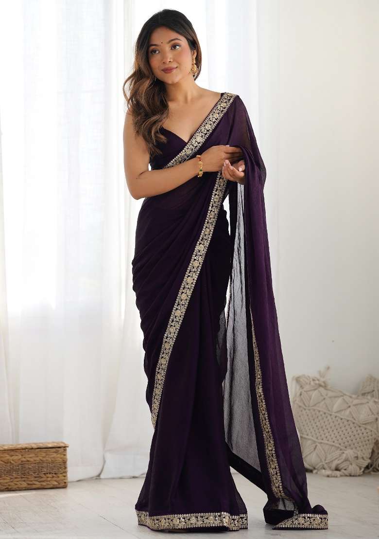 Purple Printed Satin Silk Blend Saree Set for Diwali and Festive Wear - Indya