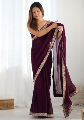 Magenta Printed Satin Silk Saree Set