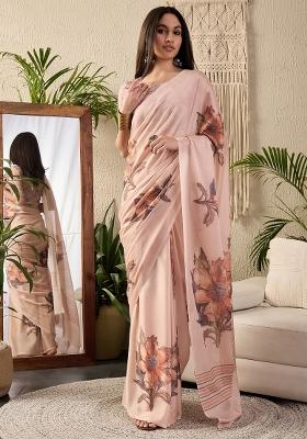 Beige Printed Georgette Saree Set