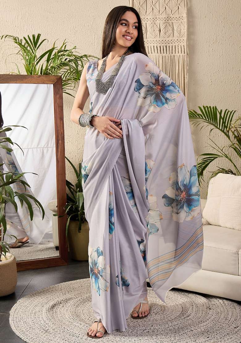 Metallic Georgette Saree Set with Printed for Diwali | Wedding & Festive Wear - Indya