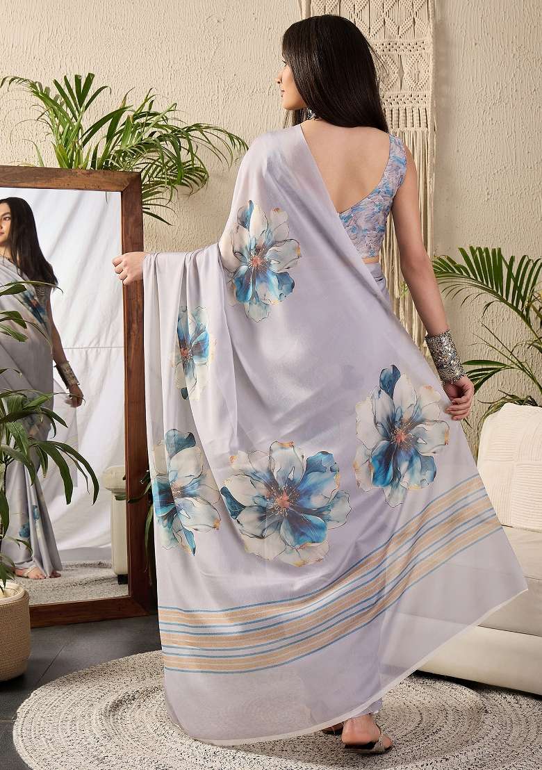 Metallic Georgette Saree Set with Printed for Diwali | Wedding & Festive Wear - Indya