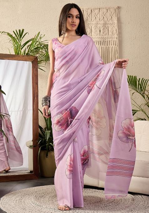 Mauve Printed Georgette Saree Set — view on Indya
