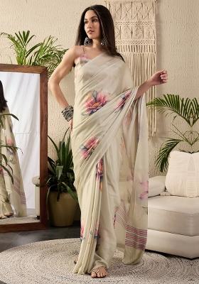 Beige Printed Georgette Saree Set