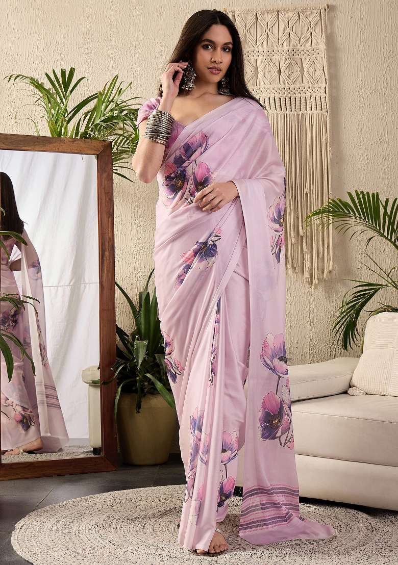 Mauve Printed Georgette Saree Set - Indya