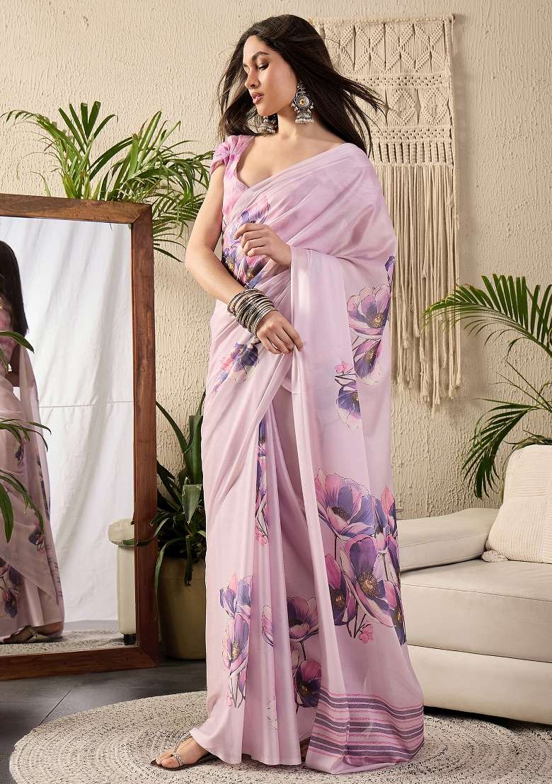 Mauve Printed Georgette Saree Set - Indya