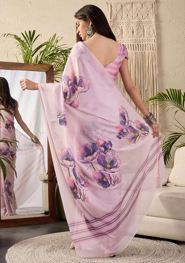 Mauve Printed Georgette Saree Set - Indya