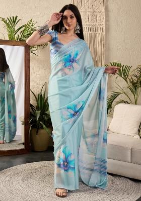 Light Blue Printed Georgette Saree Set