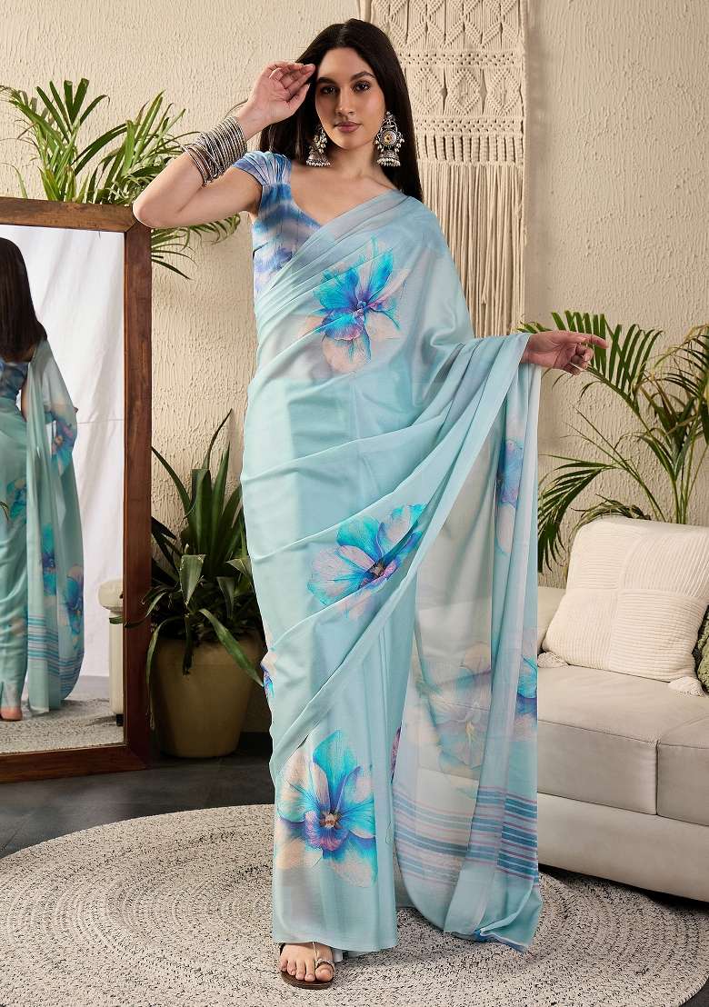 Light Blue Printed Georgette Saree Set - Indya