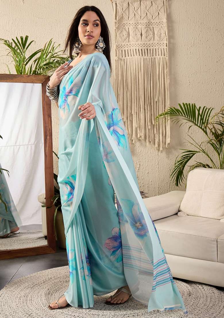 Light Blue Printed Georgette Saree Set - Indya