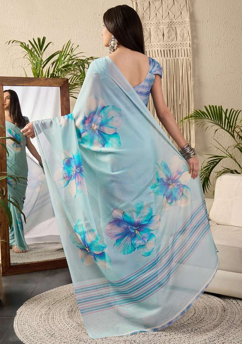Light Blue Printed Georgette Saree Set - Indya