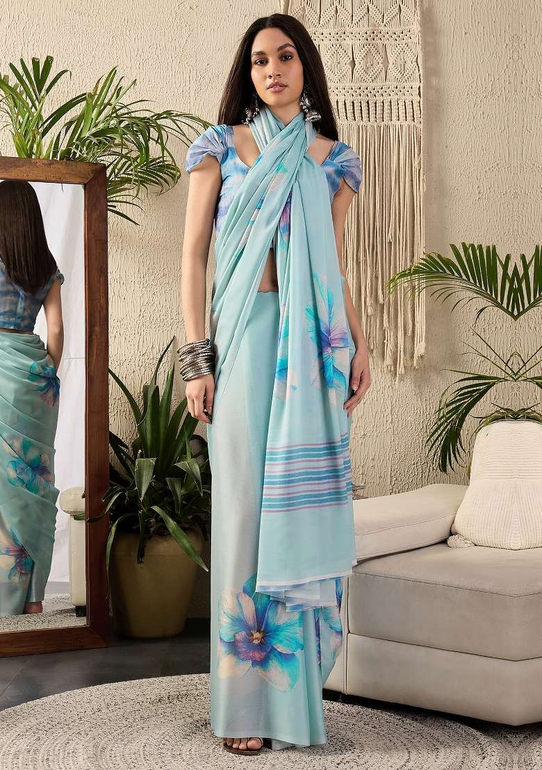 Light Blue Printed Georgette Saree Set - Indya