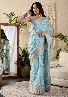 Light Blue Printed Cotton Blend Saree Set