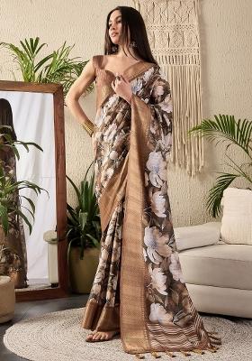 Brown Printed Cotton Blend Saree Set