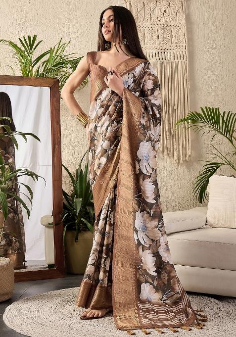 Brown Printed Cotton Blend Saree Set