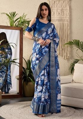 Dark Blue Printed Cotton Blend Saree Set