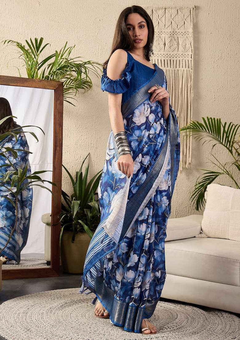 Dark Blue Printed Cotton Blend Saree Set - Indya
