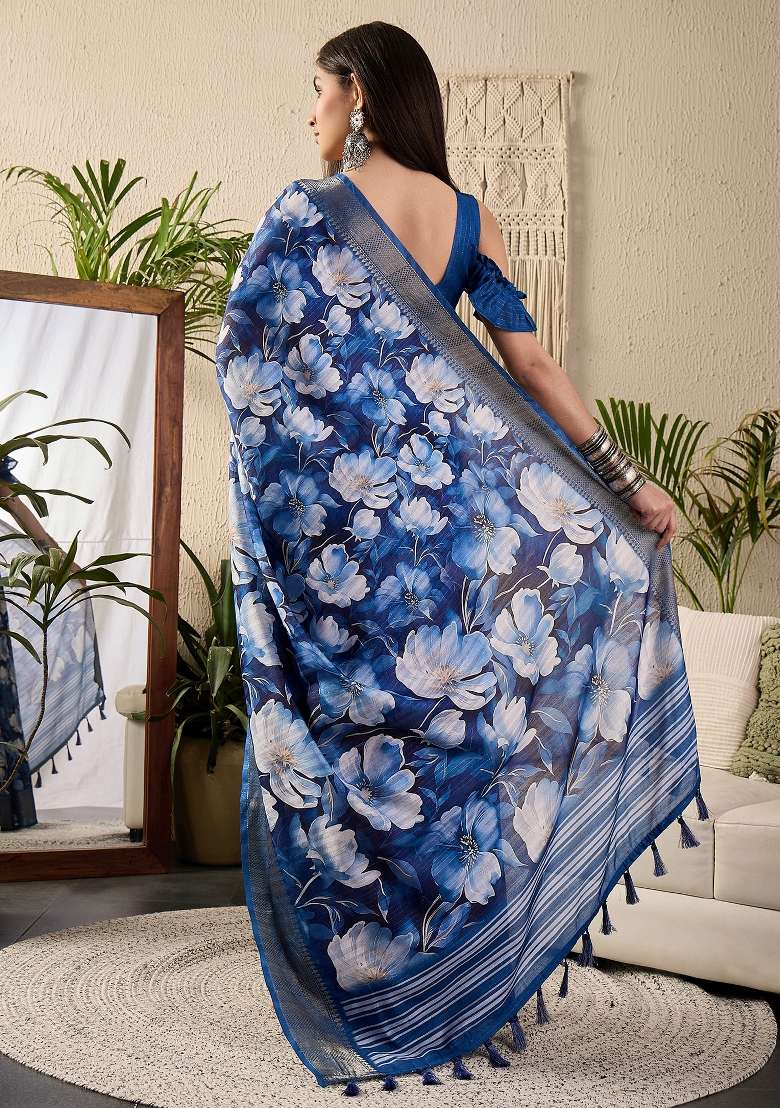 Dark Blue Printed Cotton Blend Saree Set - Indya