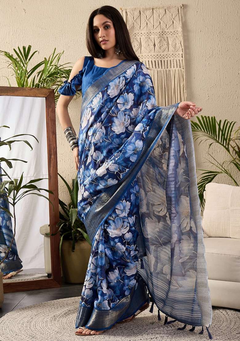 Dark Blue Printed Cotton Blend Saree Set - Indya