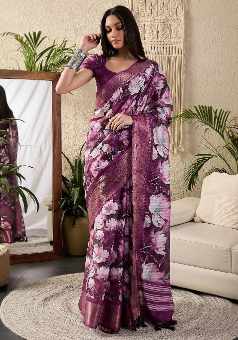 Magenta Printed Cotton Blend Saree Set — view on Indya