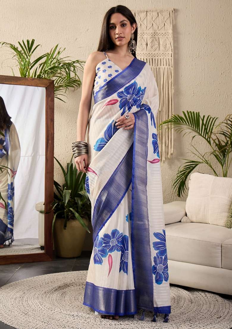 Off White Printed Cotton Blend Saree Set - Indya