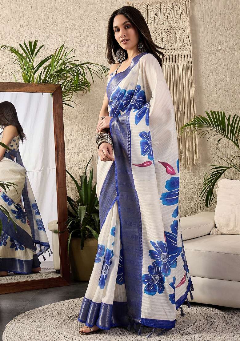Off White Printed Cotton Blend Saree Set - Indya
