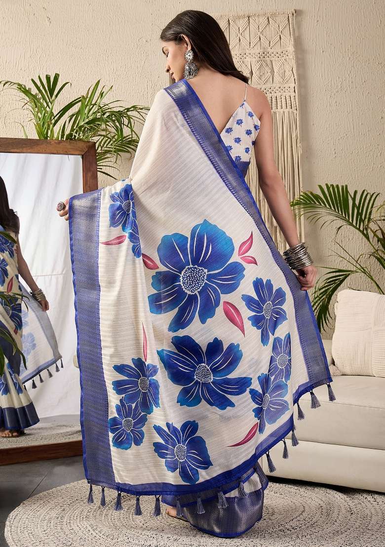 Off White Printed Cotton Blend Saree Set - Indya
