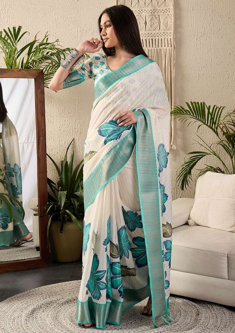 Off White Printed Cotton Blend Saree Set - Indya