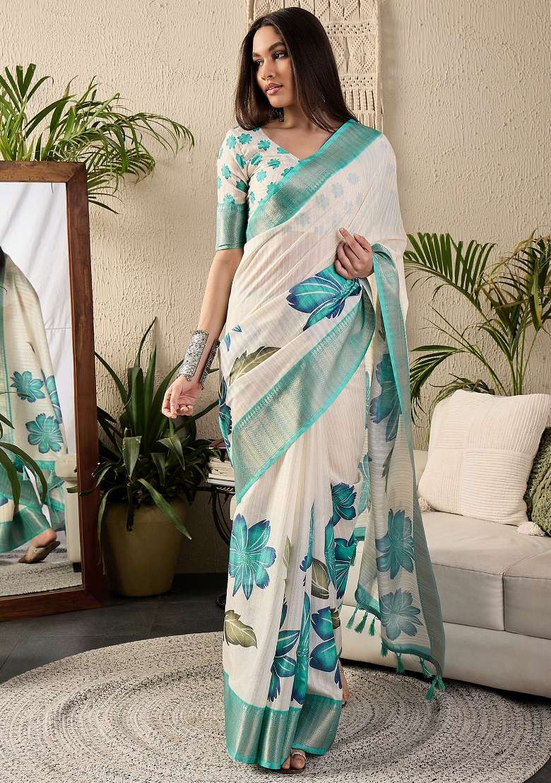 Off White Printed Cotton Blend Saree Set - Indya
