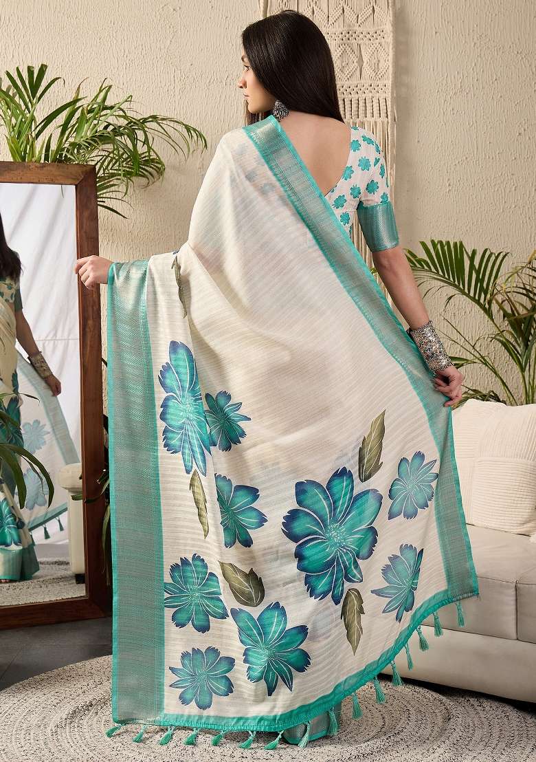 Off White Printed Cotton Blend Saree Set - Indya