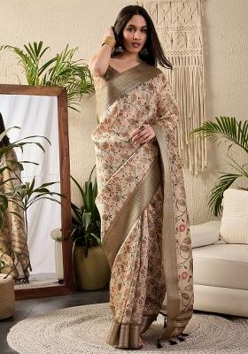 Off White Printed Kanjeevaram Silk Saree Set