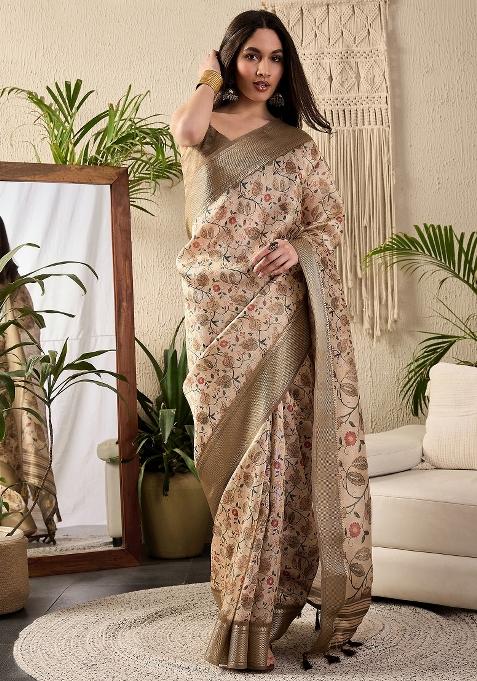 Off White Printed Kanjeevaram Silk Saree Set — view on Indya