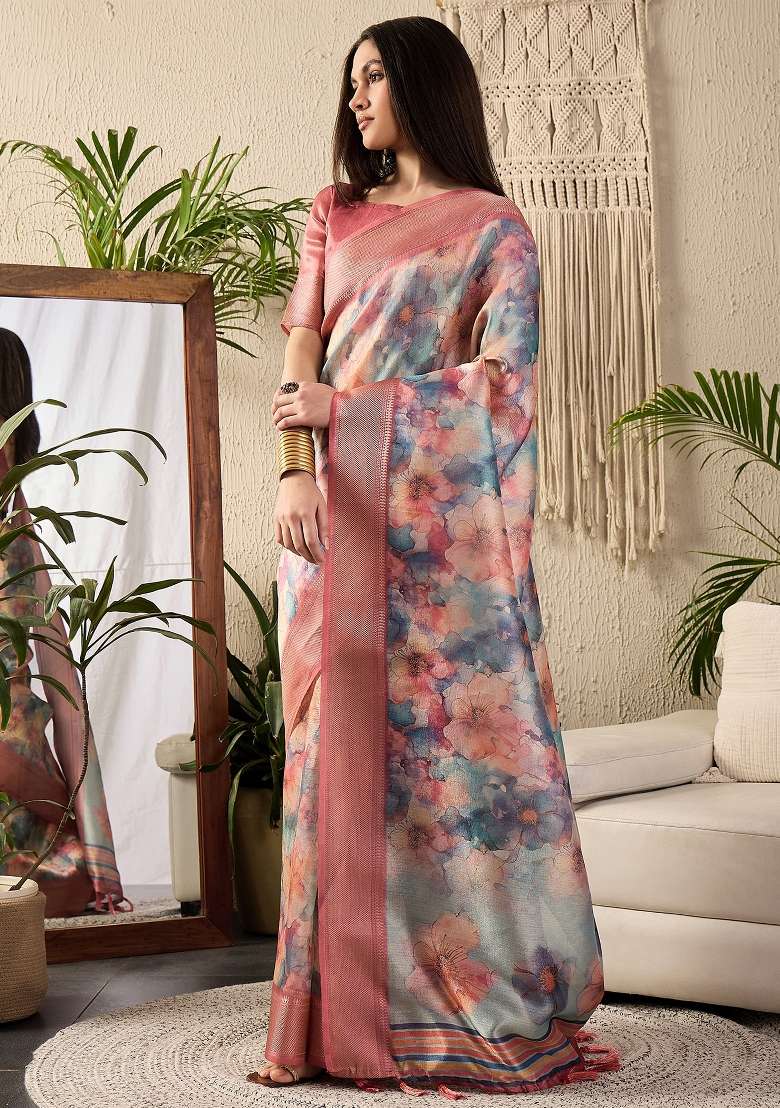 Multicolored Printed Kanjeevaram Silk Blend Saree Set - Indya