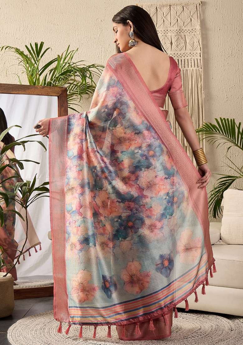 Multicolored Printed Kanjeevaram Silk Blend Saree Set - Indya