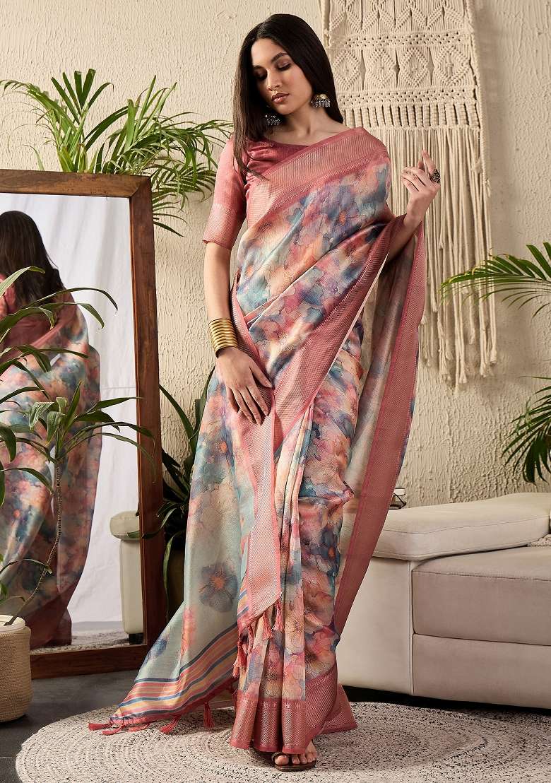 Multicolored Printed Kanjeevaram Silk Blend Saree Set - Indya