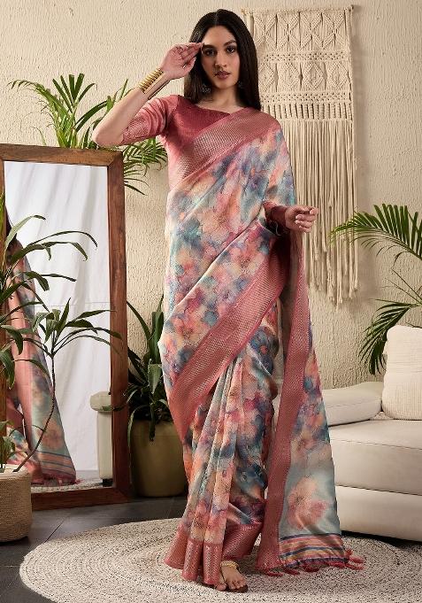 Multicolored Printed Kanjeevaram Silk Saree Set — view on Indya