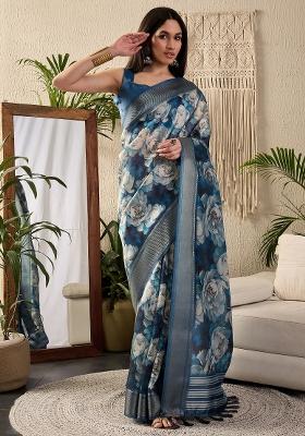 Dark Blue Printed Kanjeevaram Silk Saree Set