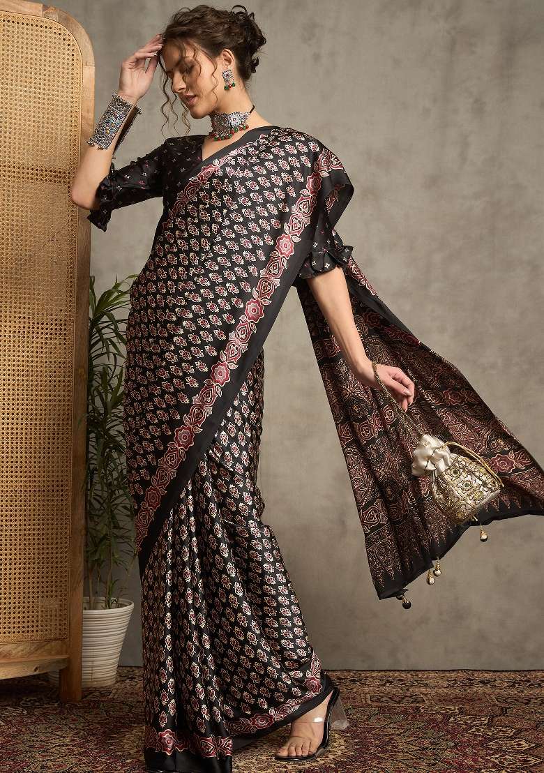 Black Printed Pure Crepe Saree Set - Indya
