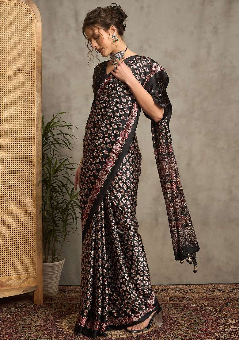 Black Printed Pure Crepe Saree Set - Indya