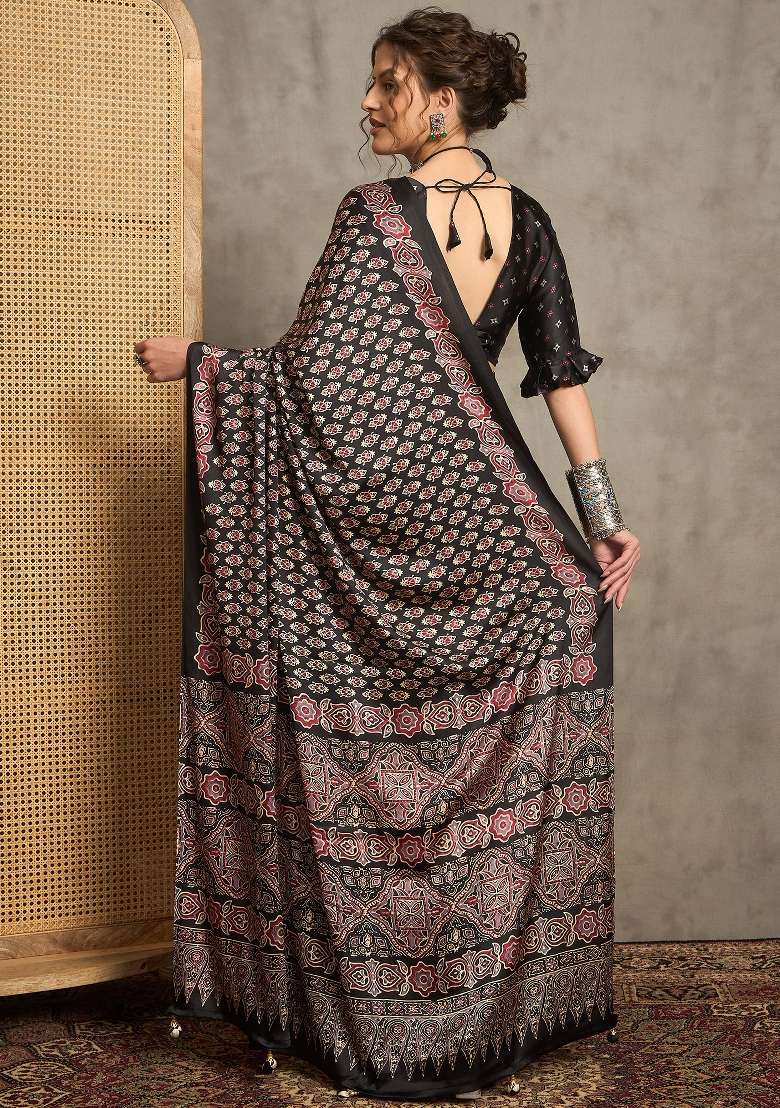 Black Printed Pure Crepe Saree Set - Indya