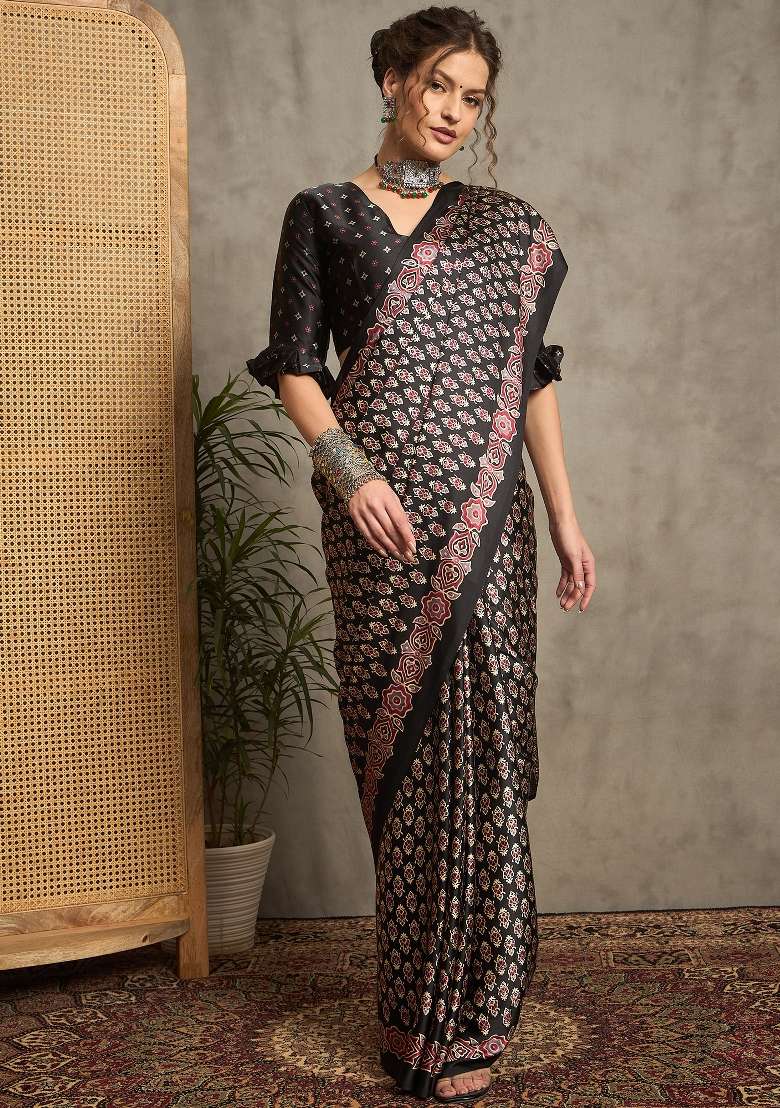 Black Printed Pure Crepe Saree Set - Indya