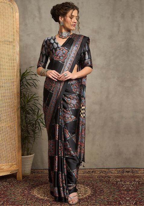 Black Printed Pure Crepe Saree Set — view on Indya